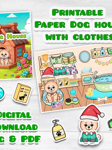 Printable Paper dog doll house, printable dog with a set clothes, Holiday Blythe paper doll dress up, Busy book printable crafts kids $6.49