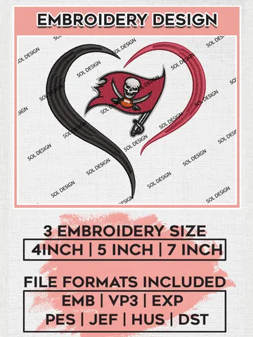 Tampa Bay Buccaneers Heart Embroidery Designs, NFL Buccaneers, NFL Embroidery Designs, NFL Tampa Bay Buccaneers Machine Embroidery Design, Digital Download $6.99