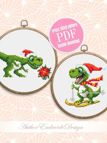 Funny dinosaur christmas cross stitch pattern PDF download, Set of 2 dinosaur cross stitch chart, Dino pattern digital PDF, Poinsettia #N114 $5.50