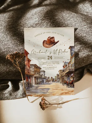 First Rodeo Wild West Birthday Invitation template; Wild West My First Rodeo Bday Western Invite ; Our Little Cowboy is One; Cowboy fr12 $12.78
