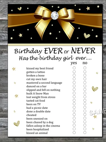 Golden bow Birthday ever or never game,Adult Birthday party game-fun games for her-Instant download $1.75
