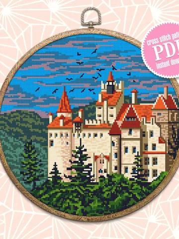 Dracula's Castle cross stitch pattern download PDF Old Bran castle embroidery PDF, Nature landscape cross stitch Medieval castle picture #C4 $4.60
