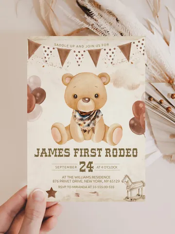 First Rodeo Wild West Birthday Invitation template; West Bearly Cowboy First Rodeo Bday Western Invite ; Our Little Cowboy is One; fr12 $12.78