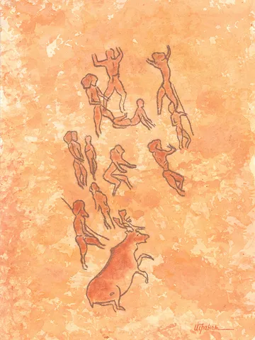 Prehistoric man wall art | Original Pastel and Watercolor Artwork Ancient Cave Painting Style | Hunters Prehistoric art | Handmade Artwork | Deer hunting stylization of rock art | Drawings of a prehistoric man $90.00
