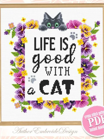 Flower cat cross stitch pattern PDF download Cat quotes cross stitch chart, Life Is Good With A Cat, Flower wreath pattern digital PDF #Q44 $4.50