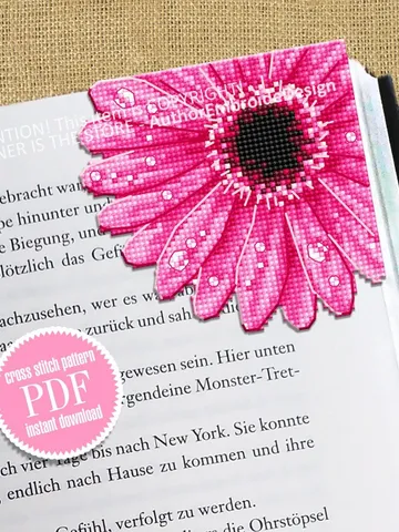 Gerbera Corner bookmark cross stitch pattern PDF download Pink flower cross stitch chart, Flower bookmark for women Floral pattern PDF #B257 $4.10