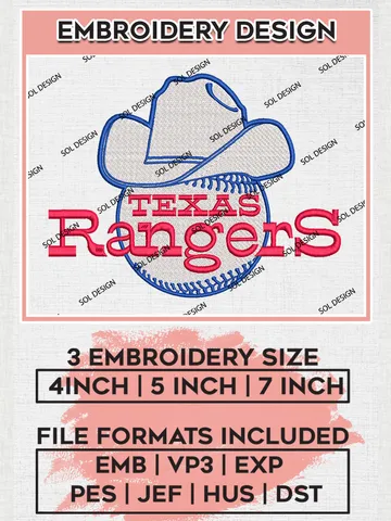 Texas Rangers Logo Embroidery Designs, MLB Texas Rangers Embroidery Design, MLB Embroidery Design Files, MLB Logo, 3 sizes, Machine embroidery Files, Digital Download $6.99