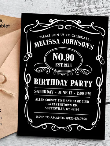 90th Birthday Invitation for Men, Vintage Whiskey Themed Birthday Invitation, Birthday Party Invite, Liquor Themed Birthday Invitation $7.00