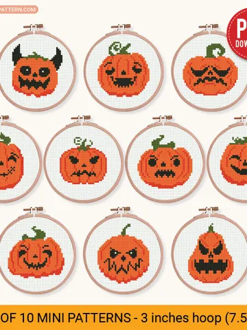 Bundle 10 mini pumpkin Cross stitch patterns, Halloween, Trick or Treat, beginner counted, modern chart, gift DIY, embroidery, instant PDF $14.17
