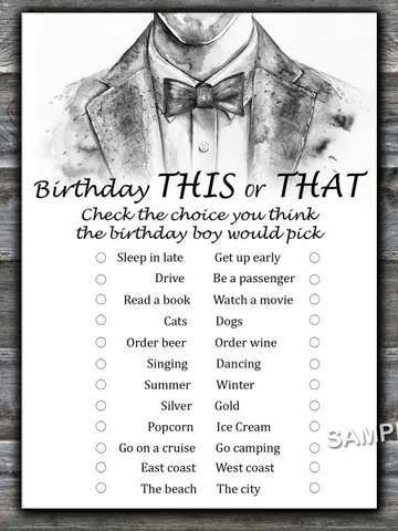 Bow Tie This or That birthday game,Birthday Games for Him, Adult Birthday Games,Printable Birthday Games for Him $1.75
