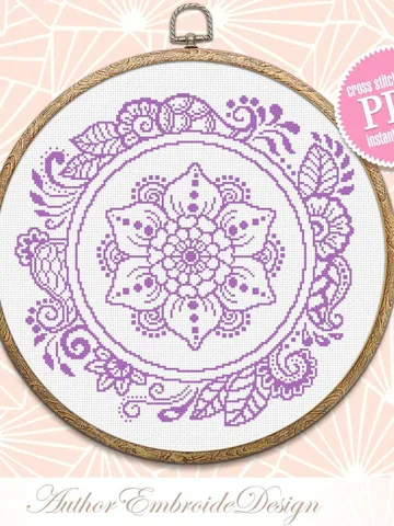Flower mandala ornament cross stitch pattern PDF download, Monochrome floral cross stitch chart, Simple mandala pattern digital PDF #M201 $4.60