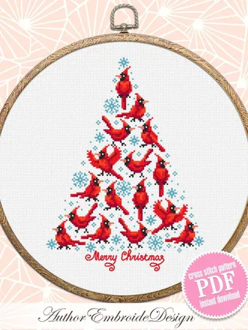 Christmas tree cardinal cross stitch pattern PDF download Red bird cross stitch chart, Christmas pattern digital, Cardinal embroidery #N163 $4.60
