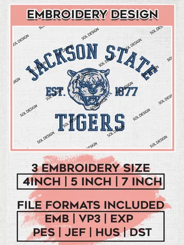 Jackson State Tigers Est 1877 Logo Embroidery Designs, NCAA Jackson State Tigers Team Embroidery, NCAA Team Logo, 3 sizes, Machine embroidery Files, Digital Download $6.99