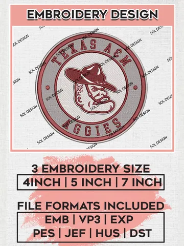 NCAA Texas AM Aggies Round Logo Embroidery, NCAA Texas AM Aggies Logo Embroidery files, NCAA Teams, Machine embroidery designs, Digital Download $6.99