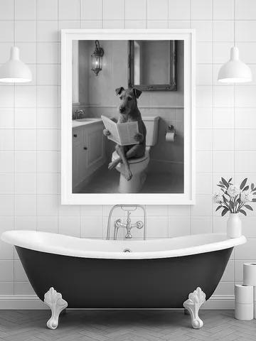Funny Irish Terrier Bathroom Wall Art, Dog Reading Newspaper Print, Humorous Pet Lover Digital Download