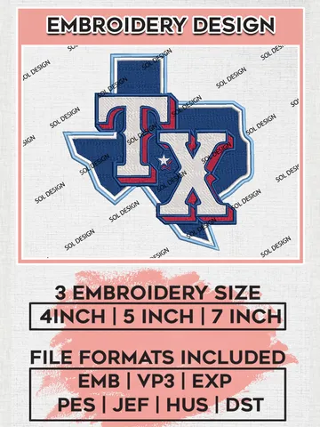 Texas Rangers Map Logo Embroidery Design Files, MLB Texas Rangers Team Embroidery, MLB Teams, 3 sizes, MLB Machine embroidery designs, Digital Download $6.99