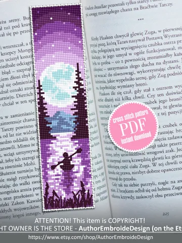 Purple bookmark cross stitch pattern download PDF Simple handmade bookmark, Nature landscape, Full moon cross stitch, Starry night sky #B121 $4.40