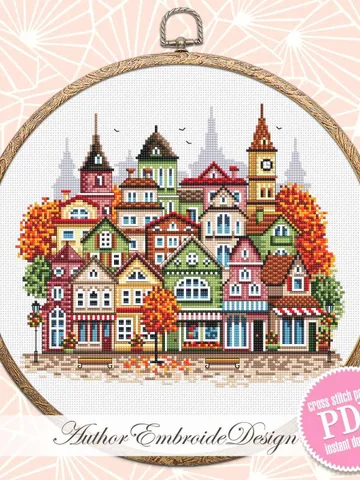 Fall houses cross stitch pattern PDF download Autumn cross stitch chart, Autumn city pattern digital PDF, Urban landscape, Home decor #E18 $4.90
