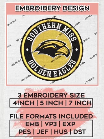NCAA Southern Miss Golden Eagles Round Logo Embroidery, NCAA Southern Miss Logo Embroidery files, NCAA Teams, Machine embroidery designs, Digital Download $6.99