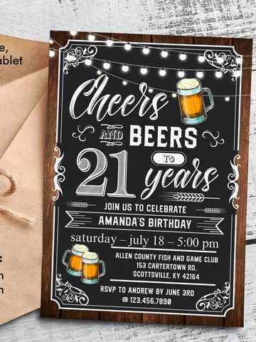 Cheers and Beers to 21 Years Invitation, 21st Birthday Invitation, Editable Adult Birthday Invitation $7.00