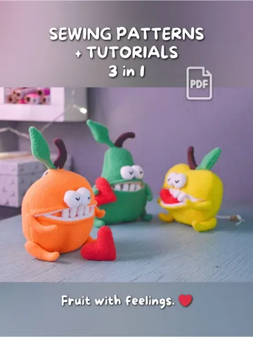 PDF Plush Toy Pattern Set – Moveable Limbs & Secret Pocket Fruits $28.00