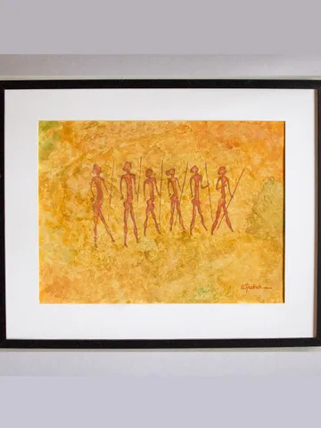 Prehistoric man wall art | Original Pastel and Watercolor Artwork Ancient Cave Painting Style | Warriors Prehistoric art | Handmade Artwork | Hunters stylization of rock art | Drawings of a prehistoric man $115.00