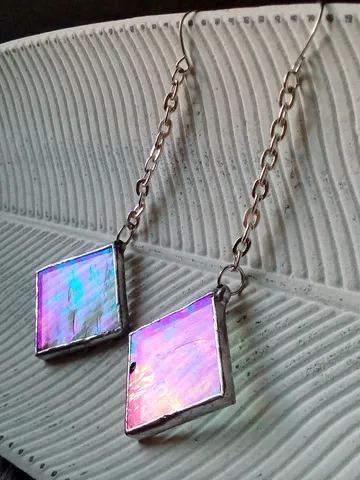 Iridescent stained glass, clear earrings, cute squar earrings, dichroic earrings, duochrome earrings $25.00