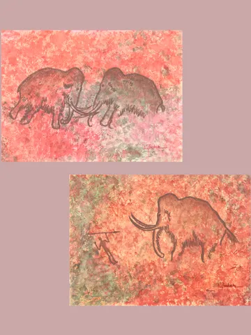 Hunter and mammoth wall art | Original Pastel and Watercolor Artwork Ancient Cave Painting Style 30x40 cm | Hunter Prehistoric art | Handmade Artwork | Mammoths stylization of rock art | Drawings of a prehistoric man | Modular painting $130.00