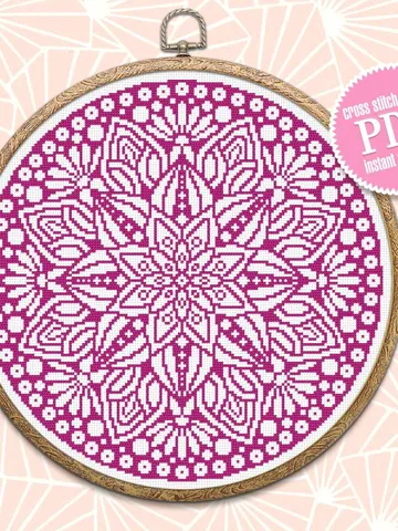 Flower mandala circle cross stitch pattern download PDF Monochrome mandala digital Beginner stitch Floral ornament cross stitch chart #M49 $4.60