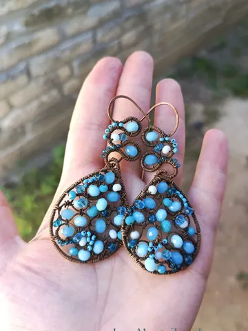 Boho Copper Earrings with Blue Beads