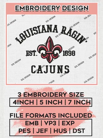 Louisiana Ragin Cajuns Est 1898 Logo Embroidery Designs, NCAA Louisiana Ragin Cajuns Team Embroidery, NCAA Team Logo, 3 sizes, Machine embroidery Files, Digital Download $6.99