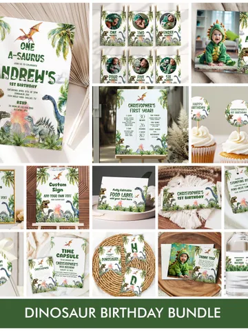 Dinosaur 1st Birthday Invitation Bundle, Dinosaur Birthday Invite, 1st Birthday Boy, Dino Party Decorations Printable, Dino Birthday - i100 $40.00