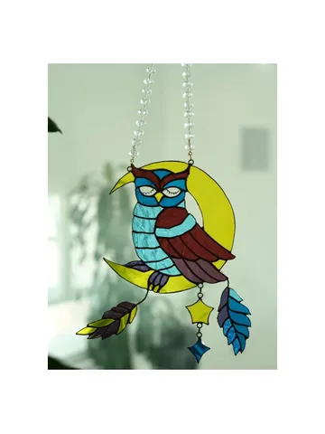Stained Glass: Owl on the Moon, Stained Glass Owl on the Moon, Baby Room Hanging Owl and Stars, Moonlight Owl Stained Glass Mobile, Whimsical Owl and Moon Nursery Decoration, Handcrafted Stained Glass Owl for Kids' Room, Dreamy Owl and Moon Window Suncatc $161.00