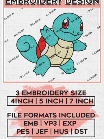 Pokemon Squirtle Embroidery Files, Squirtle Pikachu Embroidery Design, Pokemon Characters Machine Embroidery, Pes Digital File EMB_ANIME_135 $6.99