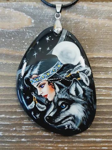 The Forest Fairy pendant. Author's work. Hand-painted on stone. Russian School of Painting. Fedoskino. Agate.Hand painted miniature painting $60.00