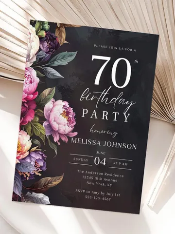 70th Birthday Invitation for women – Moody Burgundy & Blush Peony Floral Invitation, Elegant Dark Men Birthday Party Invite Canva Template $7.00
