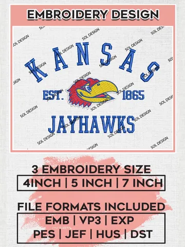 Kansas Jayhawks Est 1865 Logo Embroidery Designs, NCAA Kansas Jayhawks Team Embroidery, NCAA Team Logo, 3 sizes, Machine embroidery Files, Digital Download $6.99