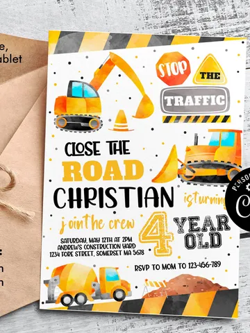 Construction Invitation, Construction Birthday Party Invitation, Dump Truck Party Invite Instant Download Editable Template Digital File $7.00