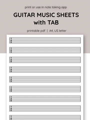 Printable guitar tab paper. Blank guitar tab printable. Guitar tablature paper. Blank guitar music sheet with TAB clef $1.00