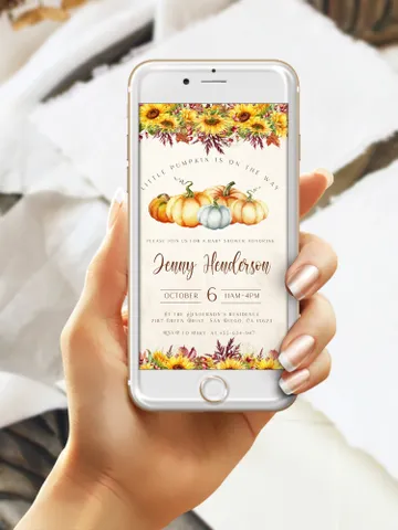 Little Pumpkin is on the way; Editable Autumn Pumpkin Baby Shower Invitation Template Canva; Fall 2022 Autumn Smartphone Digital Invitation $10.98