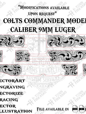 Colt Commander 9mm Luger Scroll Engraving | Compact Slide Vector Design | Laser Svg PNG EPS AI | Custom Engraving Art