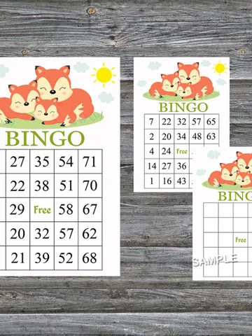 Sleeping Fox bingo cards,Sleeping Fox bingo game,Fox printable bingo cards,60 Bingo Cards,INSTANT DOWNLOAD--294 $3.95