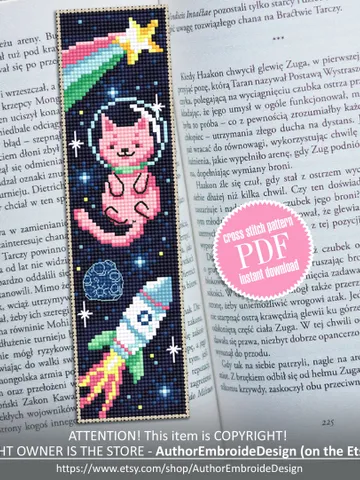 Cat in space bookmark cross stitch pattern PDF download Cute galaxy cat cross stitch chart, Handmade bookmark digital, Cat lover gift #B198 $4.40