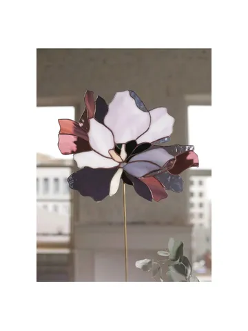 Peony. Stained Glass on a Stand, Peony Stained Glass Sculpture, Peony Tiffany Glass Panel on a Stand, Decorative Peony Glass Flower on a Brass Base, Peony Art Glass on Cast Stone Stand, Peony Stained Glass Decor Piece