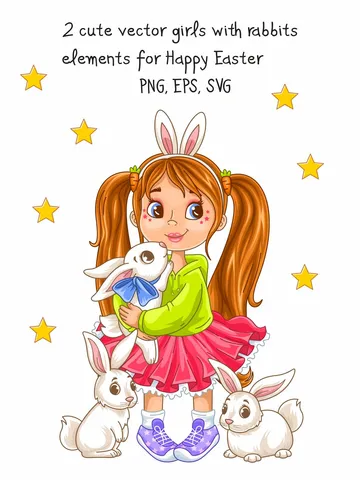 Cute cartoon girls with rabbits