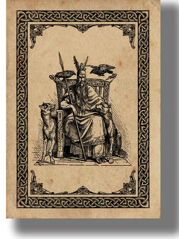Odin with sacred crows and wolves on his throne. $21.00