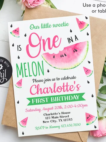 Watermelon Invitation, One in a melon invitation, Pink Watermelon Birthday Invitation, Girl 1st Birthday invitation Instand Download $7.00