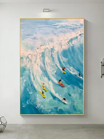 Original Surf Painting on Canvas Custom Painting Texture Wall Art Personalized Gift Blue Ocean Waves Nature Scenery Art Bedroom Wall Decor $119.86