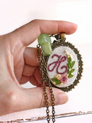 Personalized custom cursive initial necklace with monogram Green dusty pink large floral pendant rose H initial necklace Meaningful gift mom