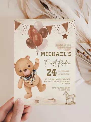 First Rodeo Wild West Birthday Invitation template; West Bearly Cowboy First Rodeo Bday Western Invite ; Our Little Cowboy is One; fr12 $12.78
